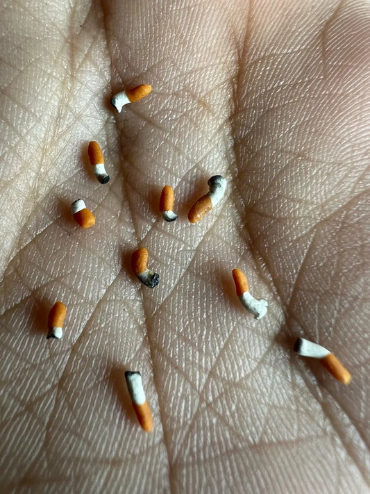 Small cigarette butts scattered on a person's palm