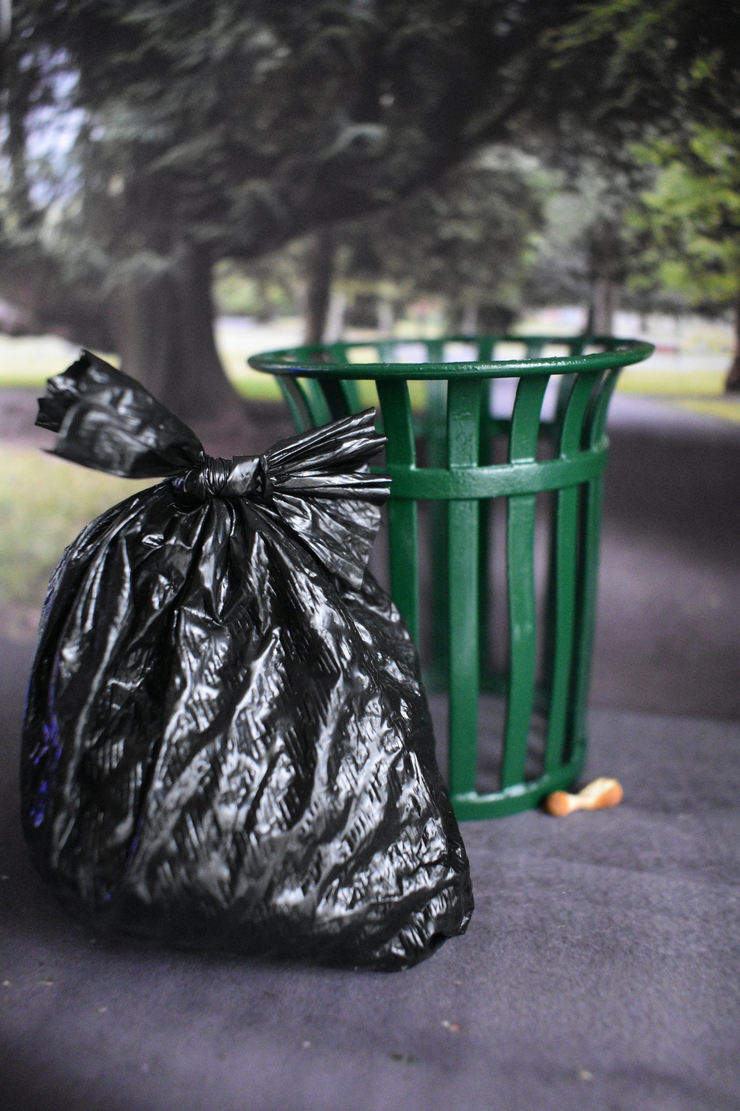 Black trash bag tied to a green trash can in a park setting