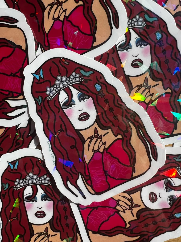 Sticker of a chappell roan during her tiny desk performance with red hair and a tiara on a colorful background