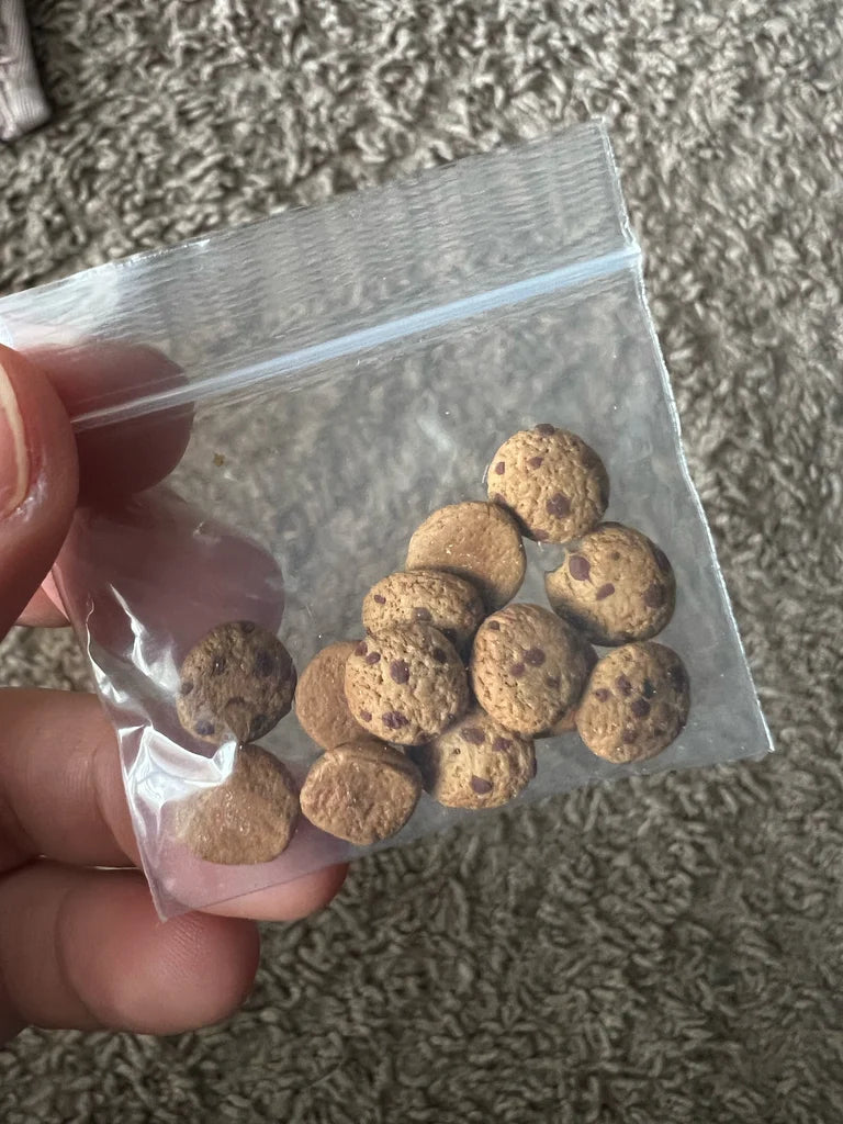 Hand holding a small bag of 1:12 scale miniature chocolate chip cookies on a textured surface