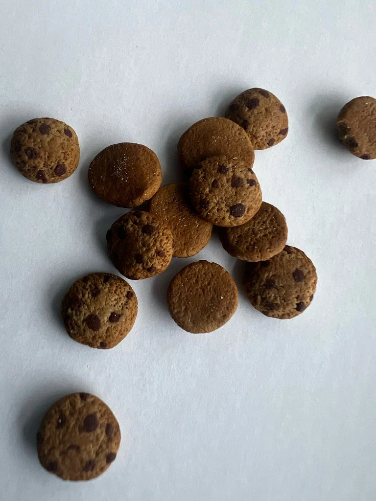 Close up of miniature 1:12 scale handmade chocolate chips cookies on a white surface