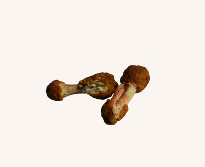 Two miniature eaten fried chicken wings. One is a drumstick, tan with a bite taken out of the meat. Another is a flat with virtually nothing left but the beige bone. 