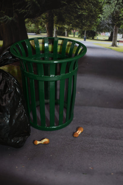 Green trash can on a sidewalk with two chicken wings and a black trash bag nearby.