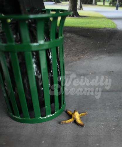 Green trash can with a black bag on a sidewalk next to a miniature aged banana peel, with 'Weirdly Dreamy' branding.