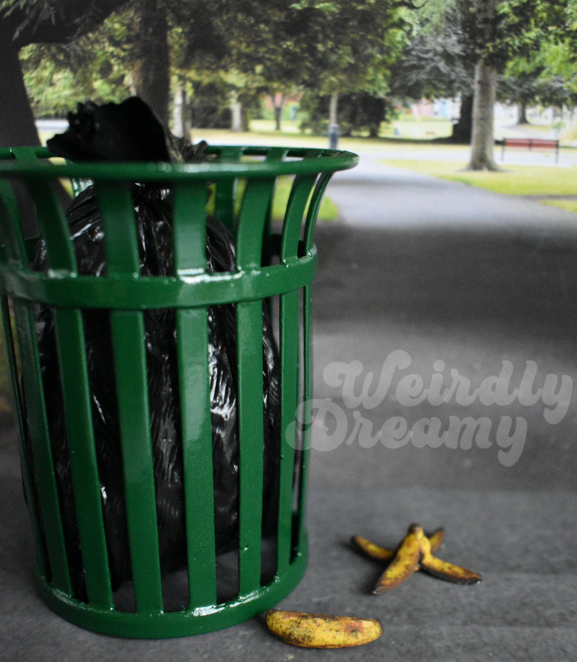 Green trash can with black bags in a park setting, two miniature aged bananas next to it on the ground, featuring 'Weirdly Dreamy' logo.