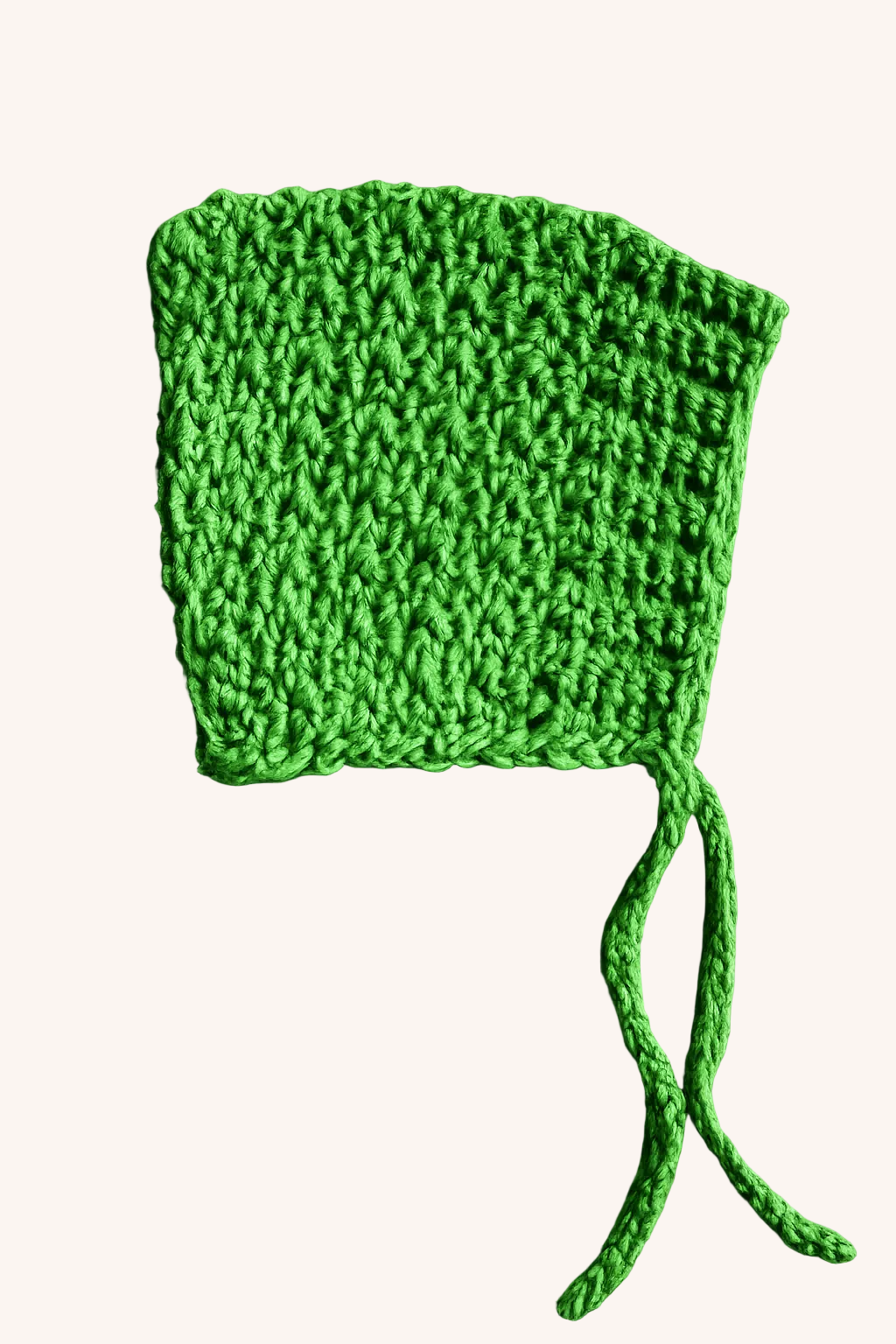Kelly green, crochet baby bonnet with two hanging tassels 