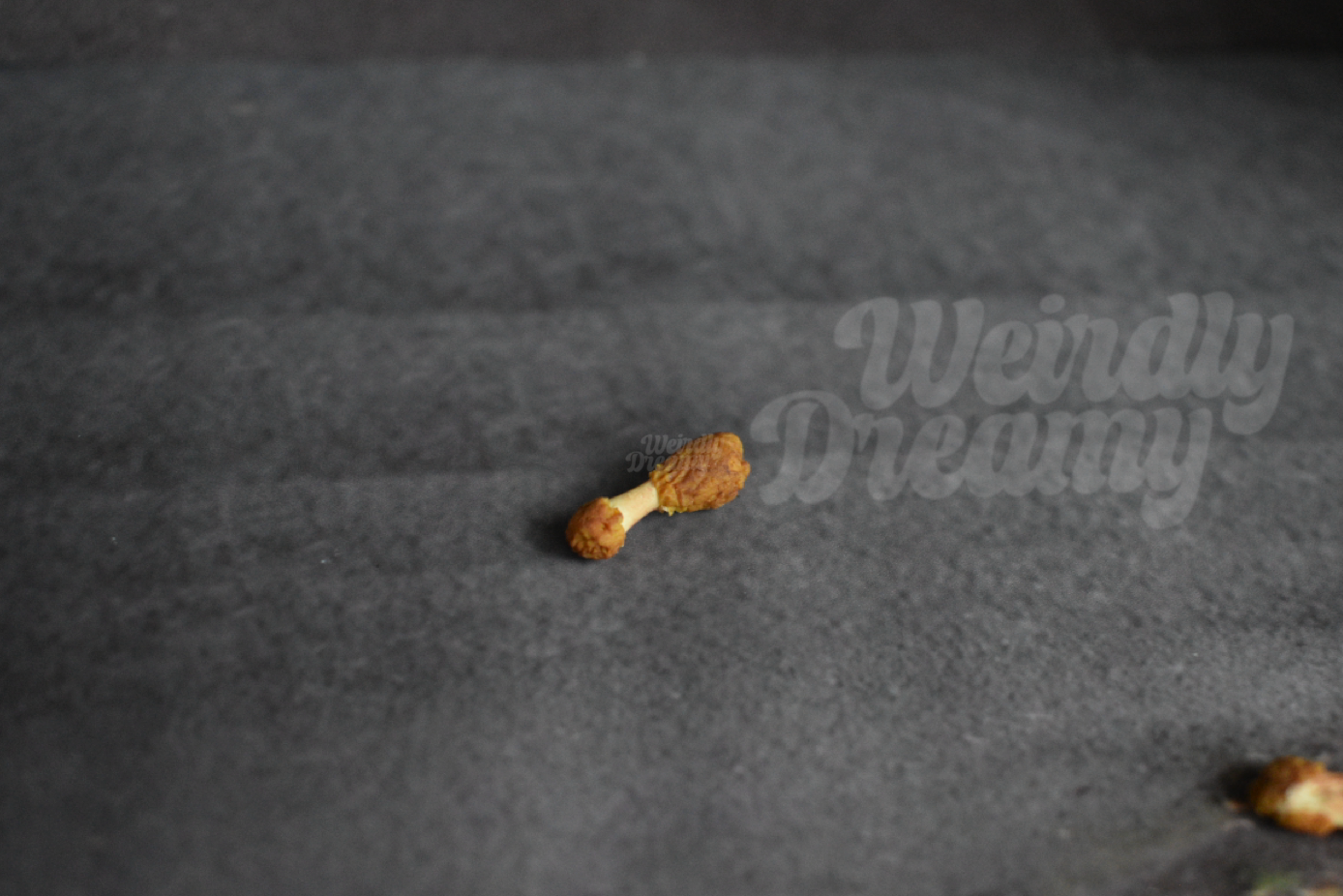 Miniature chicken wing bones on a dark gray asphalt-like surface