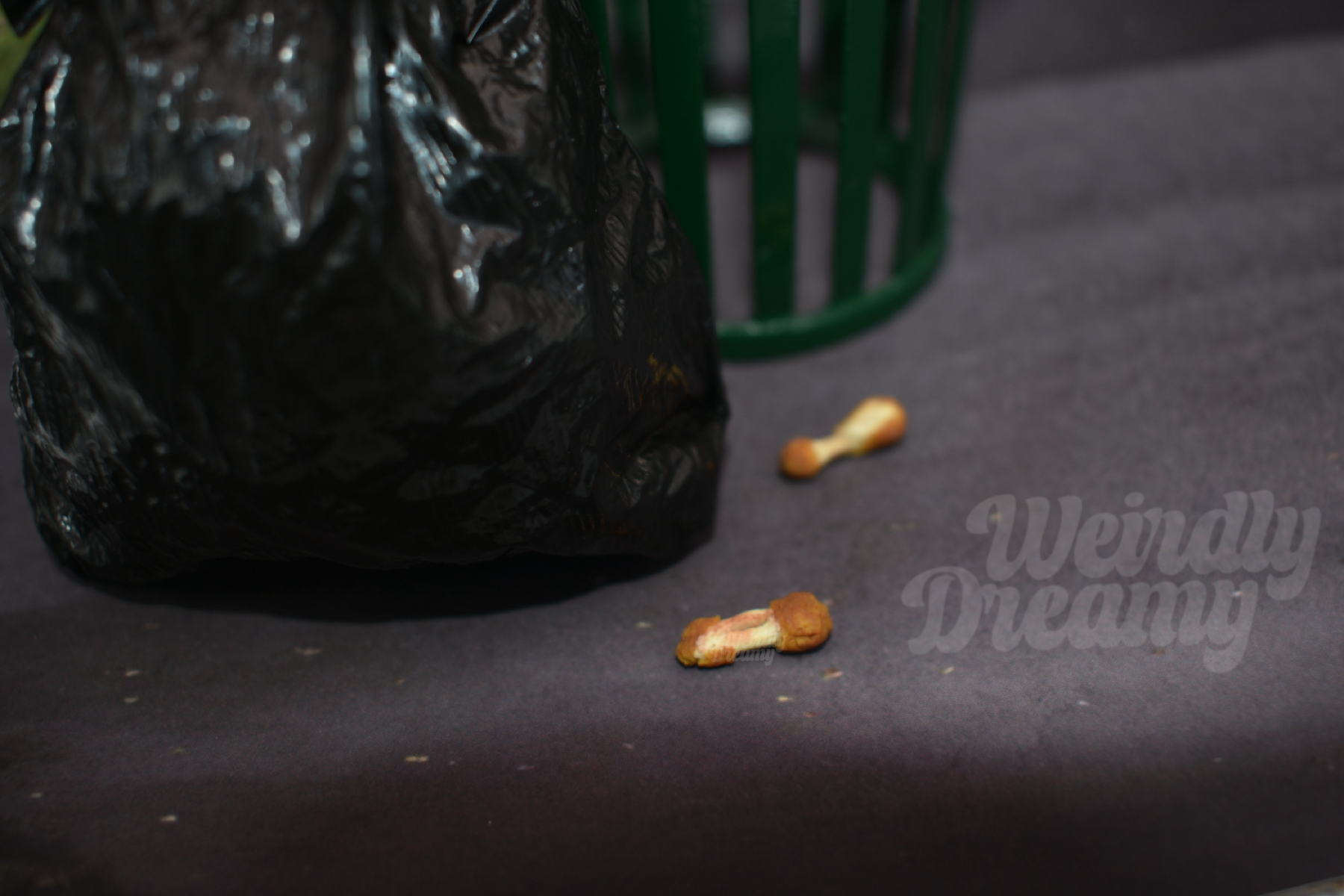 Two chicken wing bones on a dark surface next to a black trash bag.