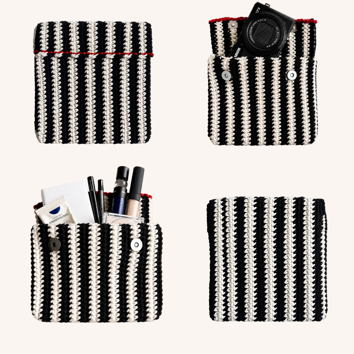 A black and white striped crochet  pouch with a black camera inside, set against a solid beige background.