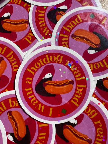 Stickers with a hotdog graphic and text on a red background